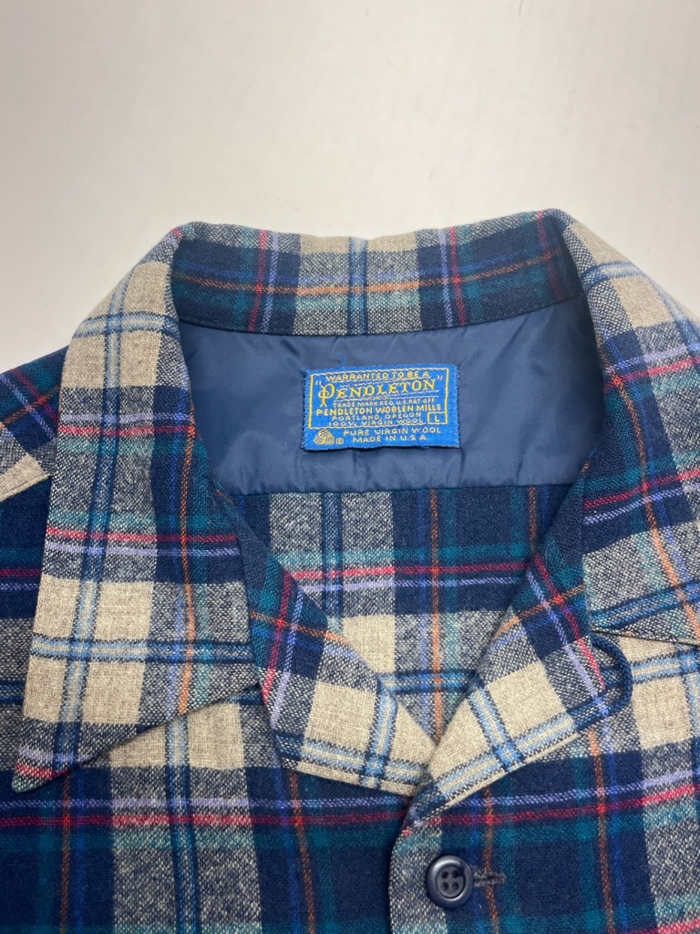 Pendleton Navy, Cream & Red Plaid Wool Shirt Mens Large Loop Collar - Picture 8 of 13